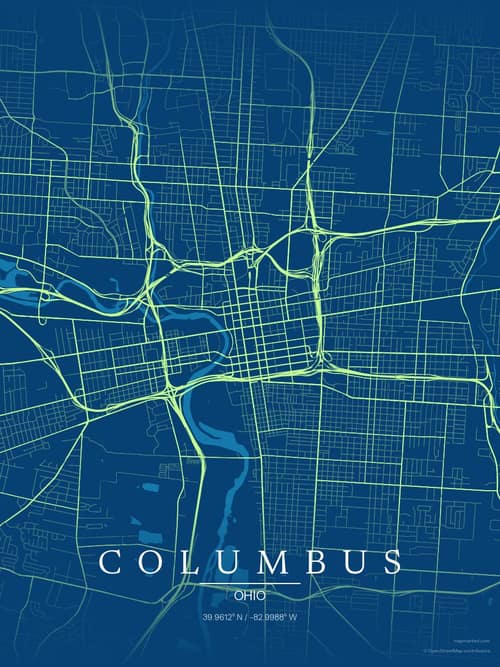 Columbus map art print in Citrus Deep Sea — minimalist city map poster