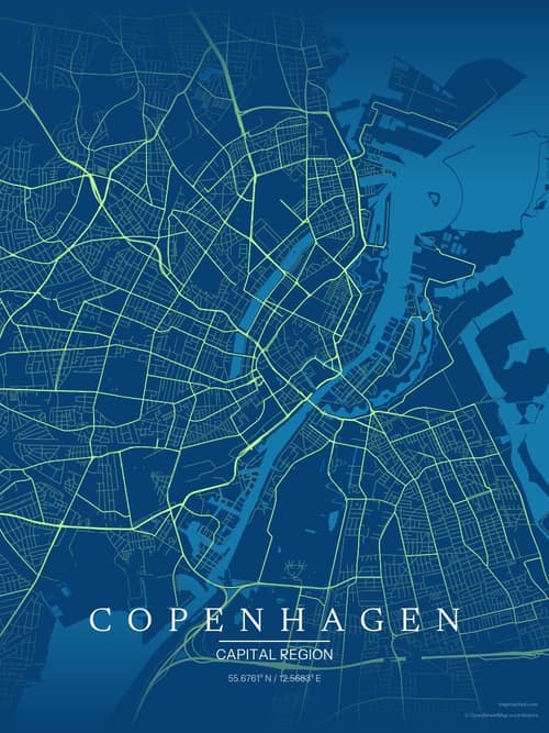 Copenhagen map art print in Citrus Deep Sea — minimalist city map poster
