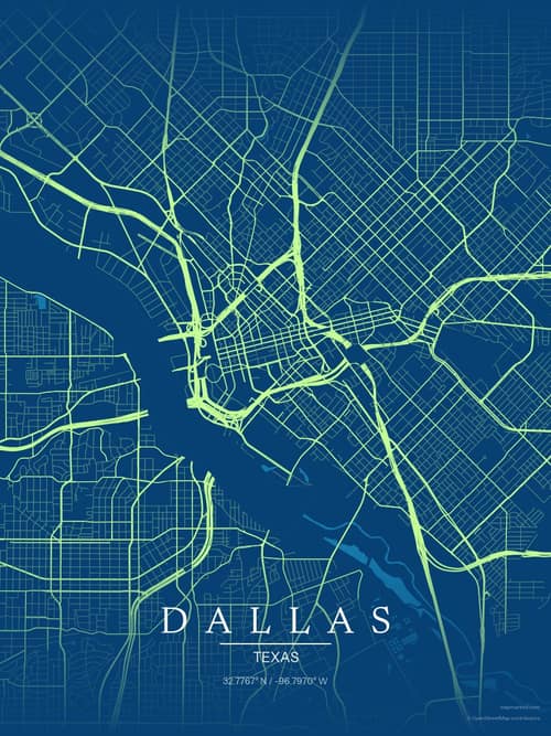 Dallas map art print in Citrus Deep Sea — minimalist city map poster