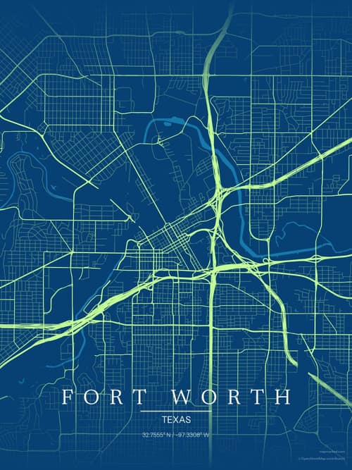 Fort Worth map art print in Citrus Deep Sea — minimalist city map poster