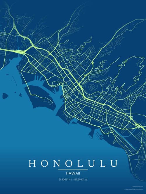 Honolulu map art print in Citrus Deep Sea — minimalist city map poster