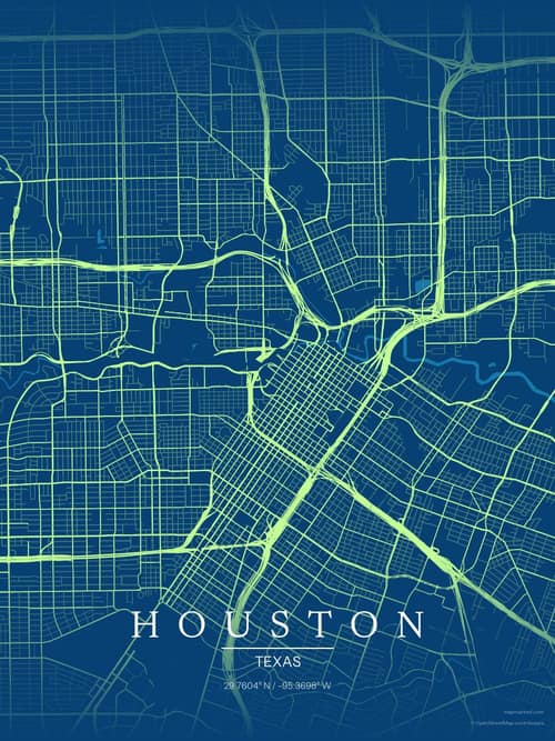 Houston map art print in Citrus Deep Sea — minimalist city map poster