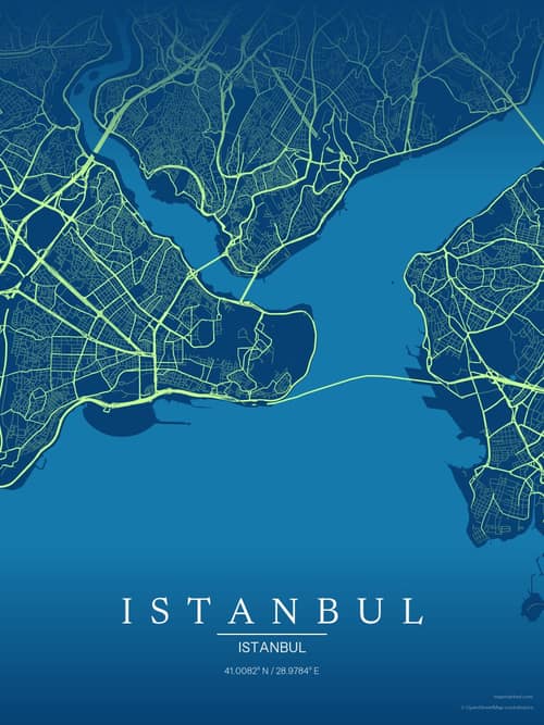 Istanbul map art print in Citrus Deep Sea — minimalist city map poster