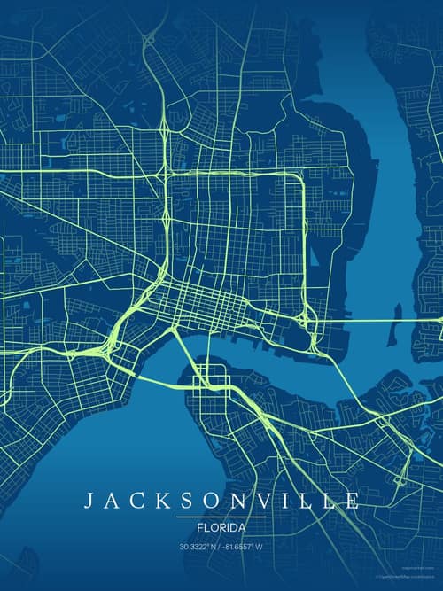 Jacksonville map art print in Citrus Deep Sea — minimalist city map poster