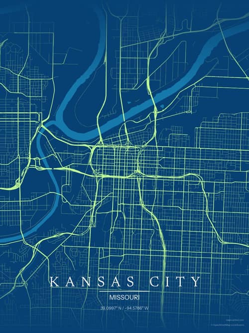 Kansas City map art print in Citrus Deep Sea — minimalist city map poster