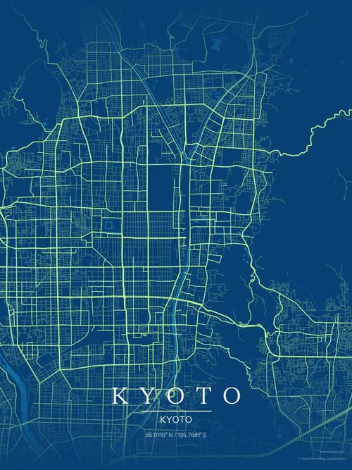 Kyoto map art print in Citrus Deep Sea — minimalist city map poster