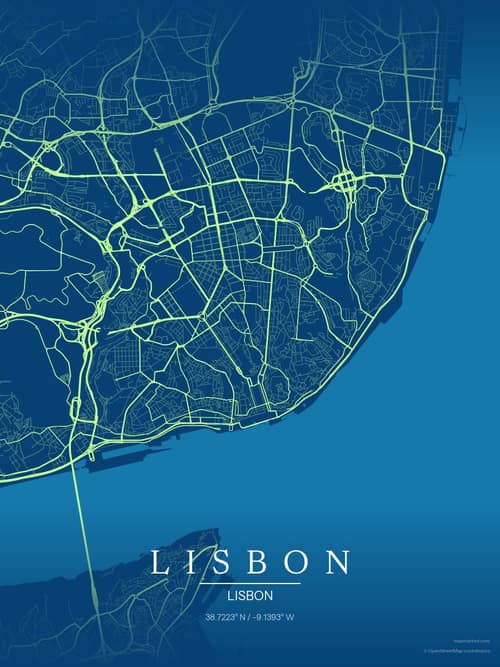 Lisbon map art print in Citrus Deep Sea — minimalist city map poster
