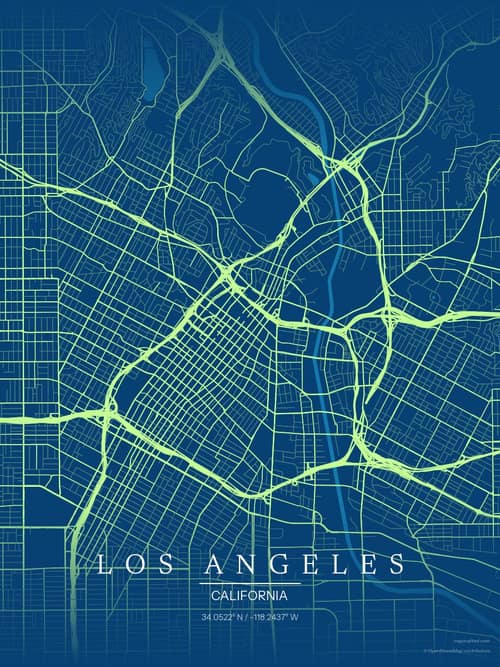 Los Angeles map art print in Citrus Deep Sea — minimalist city map poster