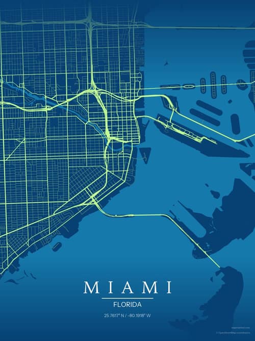 Miami map art print in Citrus Deep Sea — minimalist city map poster
