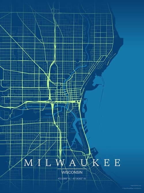 Milwaukee map art print in Citrus Deep Sea — minimalist city map poster