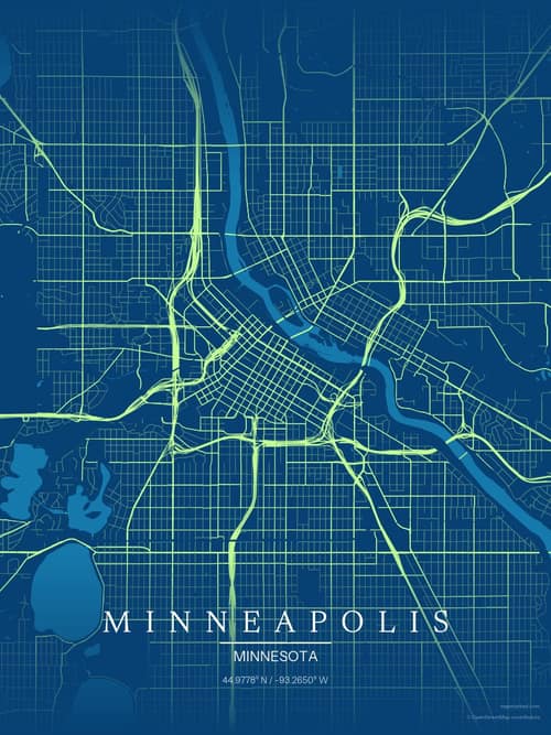Minneapolis map art print in Citrus Deep Sea — minimalist city map poster