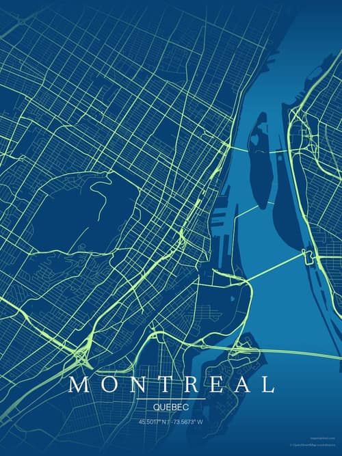 Montreal map art print in Citrus Deep Sea — minimalist city map poster