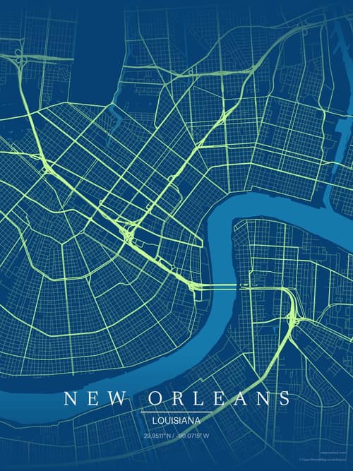 New Orleans map art print in Citrus Deep Sea — minimalist city map poster
