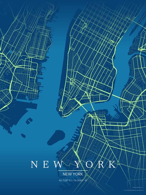 New York map art print in Citrus Deep Sea — minimalist city map poster