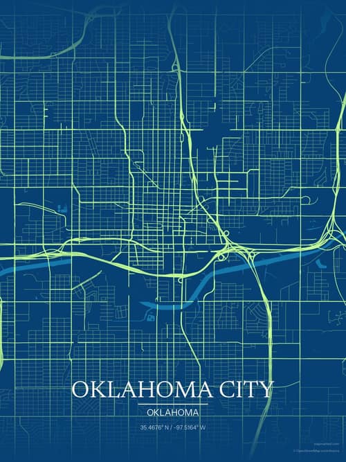 Oklahoma City map art print in Citrus Deep Sea — minimalist city map poster