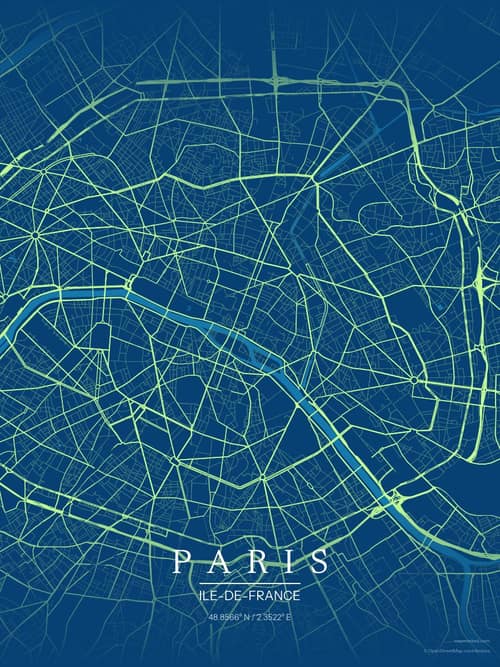 Paris map art print in Citrus Deep Sea — minimalist city map poster
