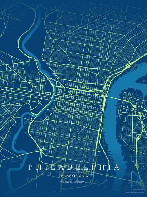 Philadelphia map art print in Citrus Deep Sea — minimalist city map poster