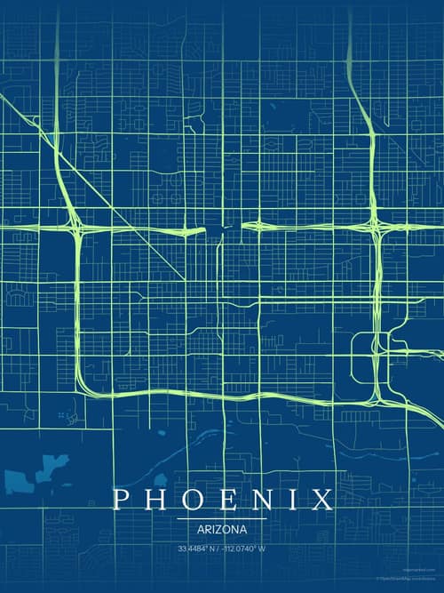 Phoenix map art print in Citrus Deep Sea — minimalist city map poster