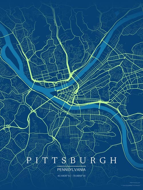 Pittsburgh map art print in Citrus Deep Sea — minimalist city map poster