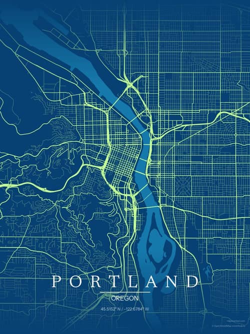 Portland map art print in Citrus Deep Sea — minimalist city map poster