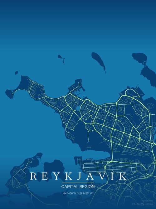 Reykjavik map art print in Citrus Deep Sea — minimalist city map poster