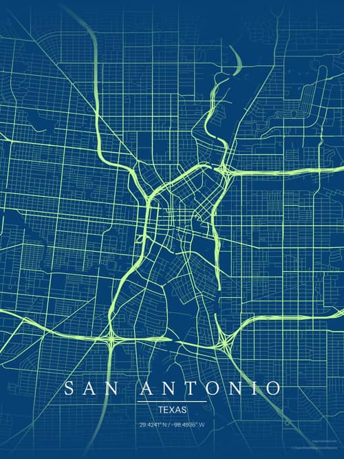 San Antonio map art print in Citrus Deep Sea — minimalist city map poster