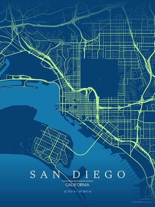 San Diego map art print in Citrus Deep Sea — minimalist city map poster