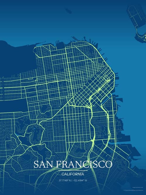 San Francisco map art print in Citrus Deep Sea — minimalist city map poster