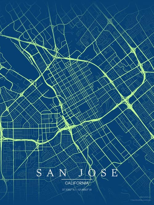 San Jose map art print in Citrus Deep Sea — minimalist city map poster