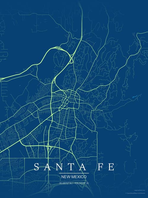Santa Fe map art print in Citrus Deep Sea — minimalist city map poster