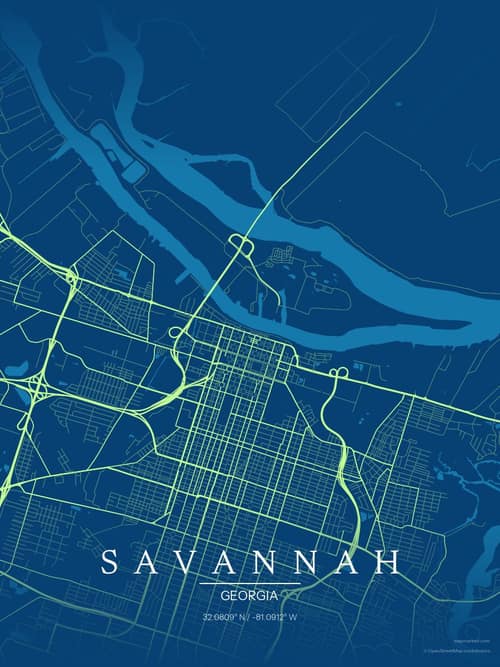 Savannah map art print in Citrus Deep Sea — minimalist city map poster