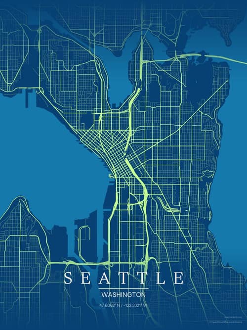 Seattle map art print in Citrus Deep Sea — minimalist city map poster