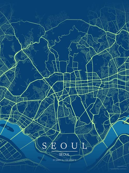 Seoul map art print in Citrus Deep Sea — minimalist city map poster