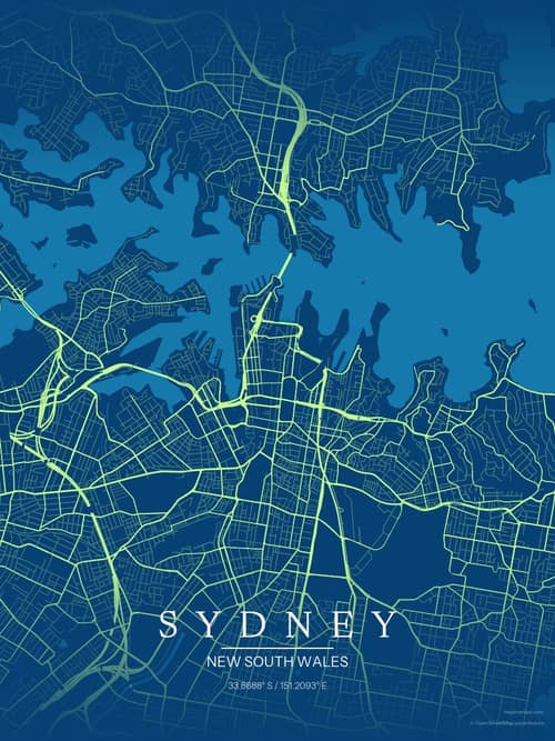 Sydney map art print in Citrus Deep Sea — minimalist city map poster