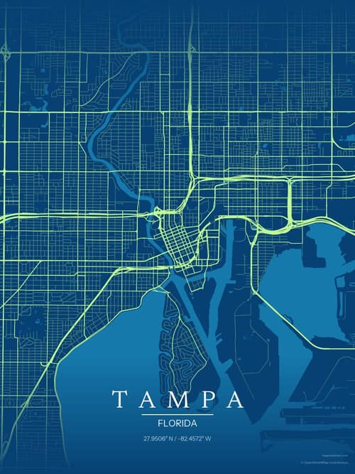 Tampa map art print in Citrus Deep Sea — minimalist city map poster