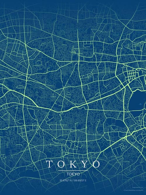 Tokyo map art print in Citrus Deep Sea — minimalist city map poster