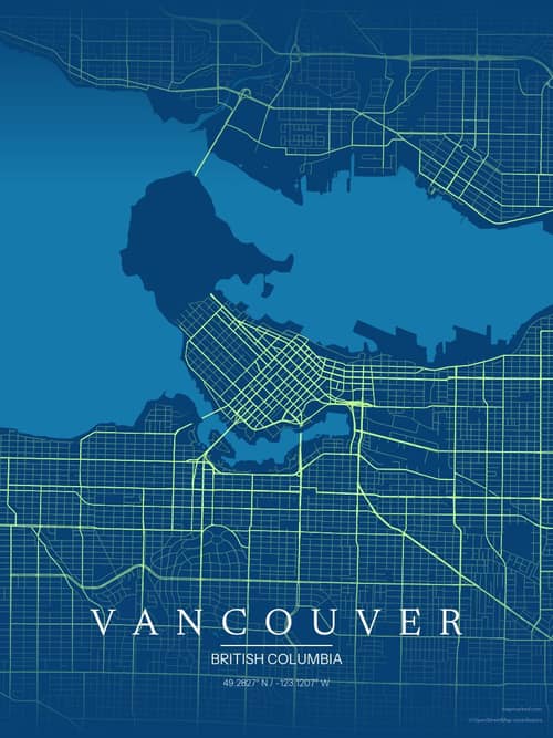 Vancouver map art print in Citrus Deep Sea — minimalist city map poster