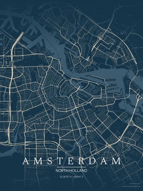 Amsterdam map art print in Driftwood Navy — minimalist city map poster