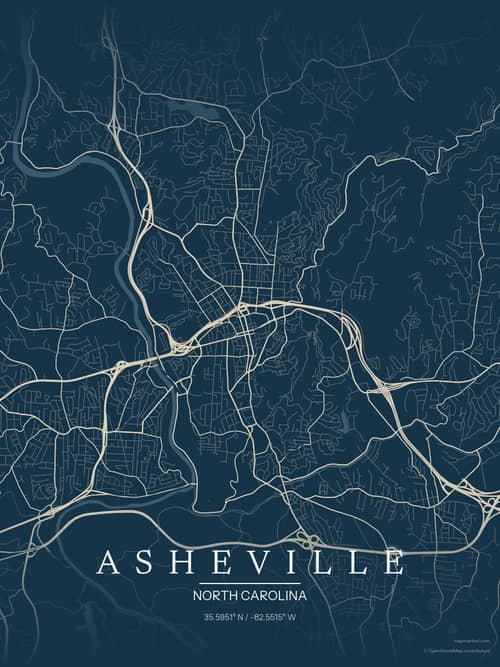 Asheville map art print in Driftwood Navy — minimalist city map poster
