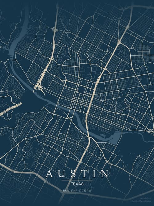 Austin map art print in Driftwood Navy — minimalist city map poster