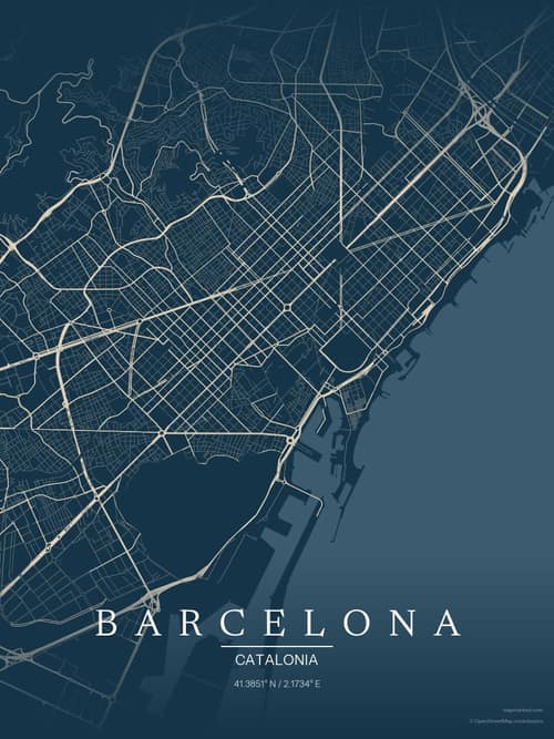 Barcelona map art print in Driftwood Navy — minimalist city map poster