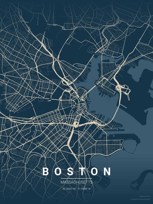 Boston map art print in Driftwood Navy — minimalist city map poster