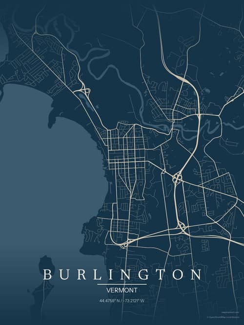 Burlington map art print in Driftwood Navy — minimalist city map poster