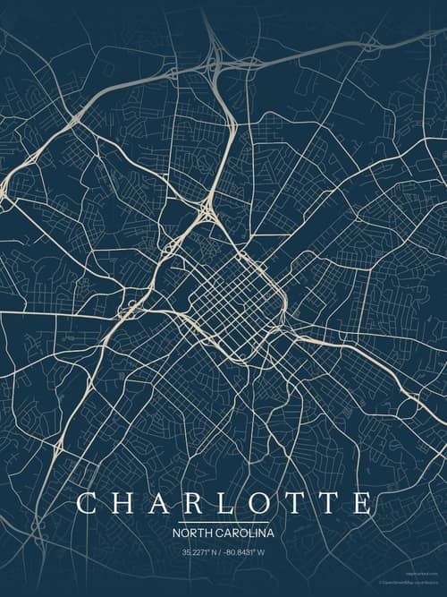 Charlotte map art print in Driftwood Navy — minimalist city map poster