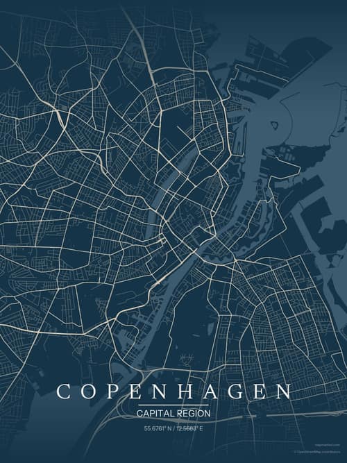 Copenhagen map art print in Driftwood Navy — minimalist city map poster