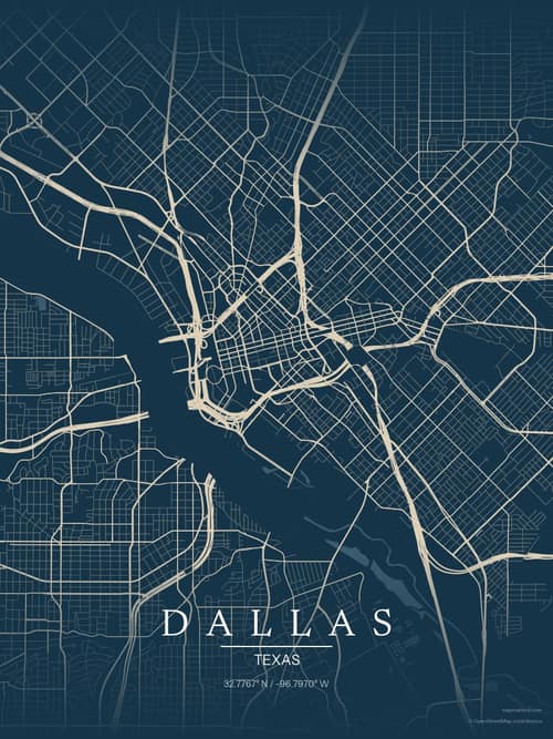 Dallas map art print in Driftwood Navy — minimalist city map poster