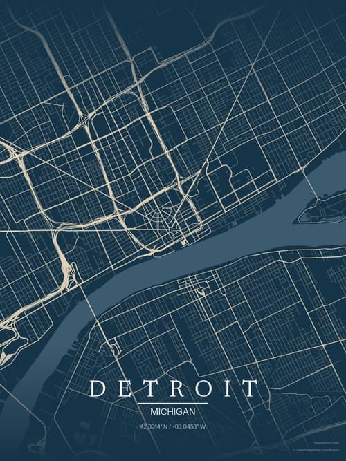 Detroit map art print in Driftwood Navy — minimalist city map poster