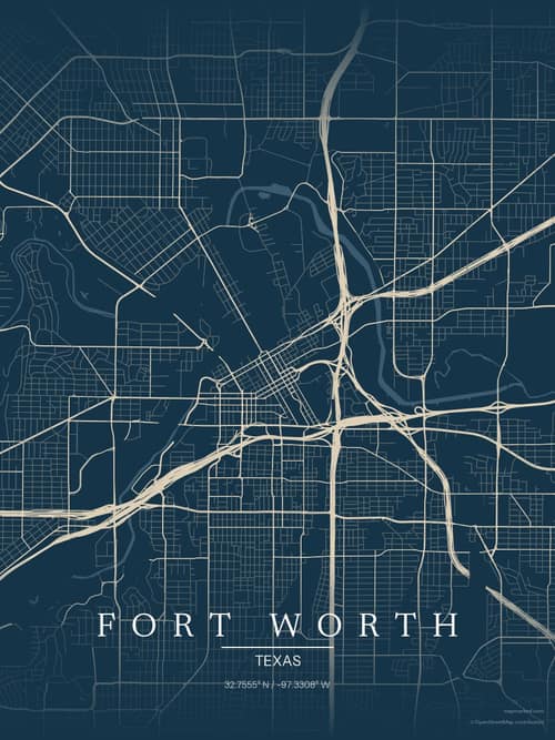 Fort Worth map art print in Driftwood Navy — minimalist city map poster