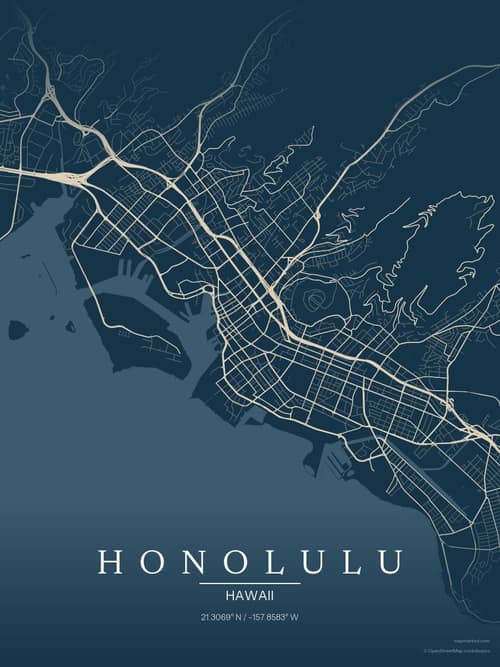 Honolulu map art print in Driftwood Navy — minimalist city map poster
