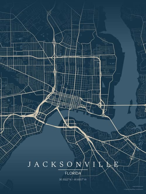 Jacksonville map art print in Driftwood Navy — minimalist city map poster